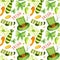 Watercolor pattern with hat, envelope, bow, clover, balloons, coins, text on white background for St. Patrick's Day