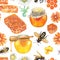 Watercolor pattern of honey bottles, honeycombs, bees and flowers.