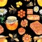 Watercolor pattern of honey bottles, honeycombs, bees and flowers.