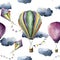 Watercolor pattern with hot air balloon and kite. Hand drawn vintage kite, air balloons with flags garlands, clouds and