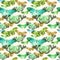 Watercolor pattern with the image of transparent butterflies in blue, green and ocherous colors on a beige background