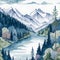 The watercolor pattern of a landscape with mountains, trees, and a river. AI Generative