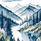 The watercolor pattern of a landscape with mountains, trees, and a river. AI Generative