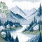 The watercolor pattern of a landscape with mountains, trees, and a river. AI Generative