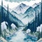 The watercolor pattern of a landscape with mountains, trees, and a river. AI Generative