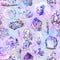 Watercolor pattern with minerals, crystals, gemstones, sea stones in blue, violet, purple colors. Seamless marble repeat