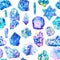 Watercolor pattern with minerals, crystals, gemstones, sea stones in blue, violet, purple colors. Seamless marble repeat