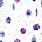 Watercolor pattern with minerals, crystals, gemstones, sea stones in blue, violet, purple colors. Seamless marble repeat