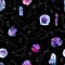 Watercolor pattern with minerals, crystals, gemstones, sea stones in blue, violet, purple colors. Seamless marble repeat