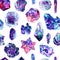 Watercolor pattern with minerals, crystals, gemstones, sea stones in blue, violet, purple colors. Seamless marble repeat