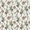 Watercolor pattern, pine twig ripe pine cone