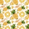 Watercolor pattern, pineapple, text, pieces, cut of fruit on white background. For summer, food products, wrapping etc.