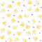 Watercolor pattern with pink and yellow crowns on white background.