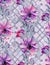 watercolor pattern with purple poppies on irregular rhombus background