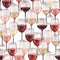 Watercolor pattern of red, rose and white wine glasses