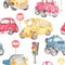 Watercolor pattern school bus, red car beetle, pickup, offroad, truck, road signs and traffic ligth