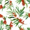 Watercolor pattern of sea buckthorn branches with berries