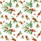 Watercolor pattern of sea buckthorn branches with berries