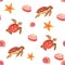 Watercolor pattern sea turtles, starfish and shells