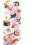 Watercolor pattern with sushi. Flying sushi, rolls and ingredients for sushi isolated on watercolor background with