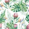 Watercolor pattern tropical floral with green leaves and flowers. Botanical illustration for the textille print