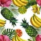 Watercolor pattern with tropical palm leaves, bananas, pineapples, flowers. Seamless pattern