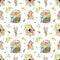 Watercolor pattern of tulips and daffodils basket, bird house, rabbit and pussy willow. Happy Easter background