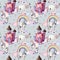 Watercolor pattern with unicorns and fairy tale decor. Hand painted magic horses, castle, rainbow, clouds, stars