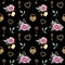 Watercolor pattern wih pink roses and golden locks and keys. Romantic background. Valenine`s Day love pattern.