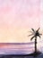 Watercolor peaceful landscape of seashore during sunrise. Dark silhouette of single palm against lilac and soft orange sky and