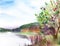 Watercolor peaceful serene landscape. Colorful blurred bush with purple and green leaves against lake with mirror surface and