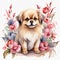 Watercolor Pekingese clipart, collorfully flowers. AI Generative