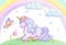 Watercolor pencil drawing of mythical sleeping Unicorn on green grass against clouds and rainbow background and flying butterfly