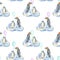 Watercolor penguins with air balloons on ice floes seamless pattern