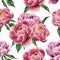 Watercolor peonies and leaves seamless pattern on white background. Floral texture for design, textile and background.