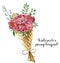 Watercolor peony bouquet with bow. Floral illustration with peony, berries and eucalyptus branches isolated on white