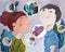 Watercolor people in love. Hand drawn couple illustration: young girl and boy, communication bubble with heart and