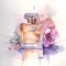 Watercolor perfume bottle and orchid flower. Hand drawn illustration.