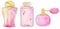 Watercolor perfume set - different jars of pink perfumery water. watercolor illustration for prints, design, posters, magazines