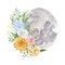 Watercolor phase of the moon with flower bouquet illustration logo design. Hand drawn rose, peony, iris, wildflower, leaves, twigs