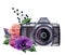 Watercolor photo label with flowers. Hand drawn photo camera with rose, berries, anemones and leaves isolated on white