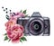 Watercolor photo label with peony flowers. Hand drawn photo camera with peonies, berries and leaves isolated on white