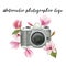 Watercolor photographer logo with vintage photo camera and magnolia flowers. Hand drawn spring illustration isolated on white back