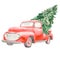 Watercolor pickup truck with Christmas tree, garland, New Year composition