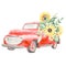 Watercolor pickup truck with sunflowers, illustration for invitations, autumn cards, harvest festival