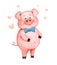 Watercolor picture cheerful pink piggy