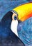 Watercolor picture of the colorful toucan bird with the big beak