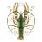 Watercolor picture of crustacean, cancer, lobster, zodiac sign, river cancer, detailed illustration, macro, spray, green, print on