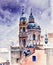 Watercolor picture depicting St. Nicholas Church in Prague