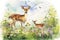 watercolor picture, ideal for a charming children's book, illustrates a tender deer frolicking in a lush green field